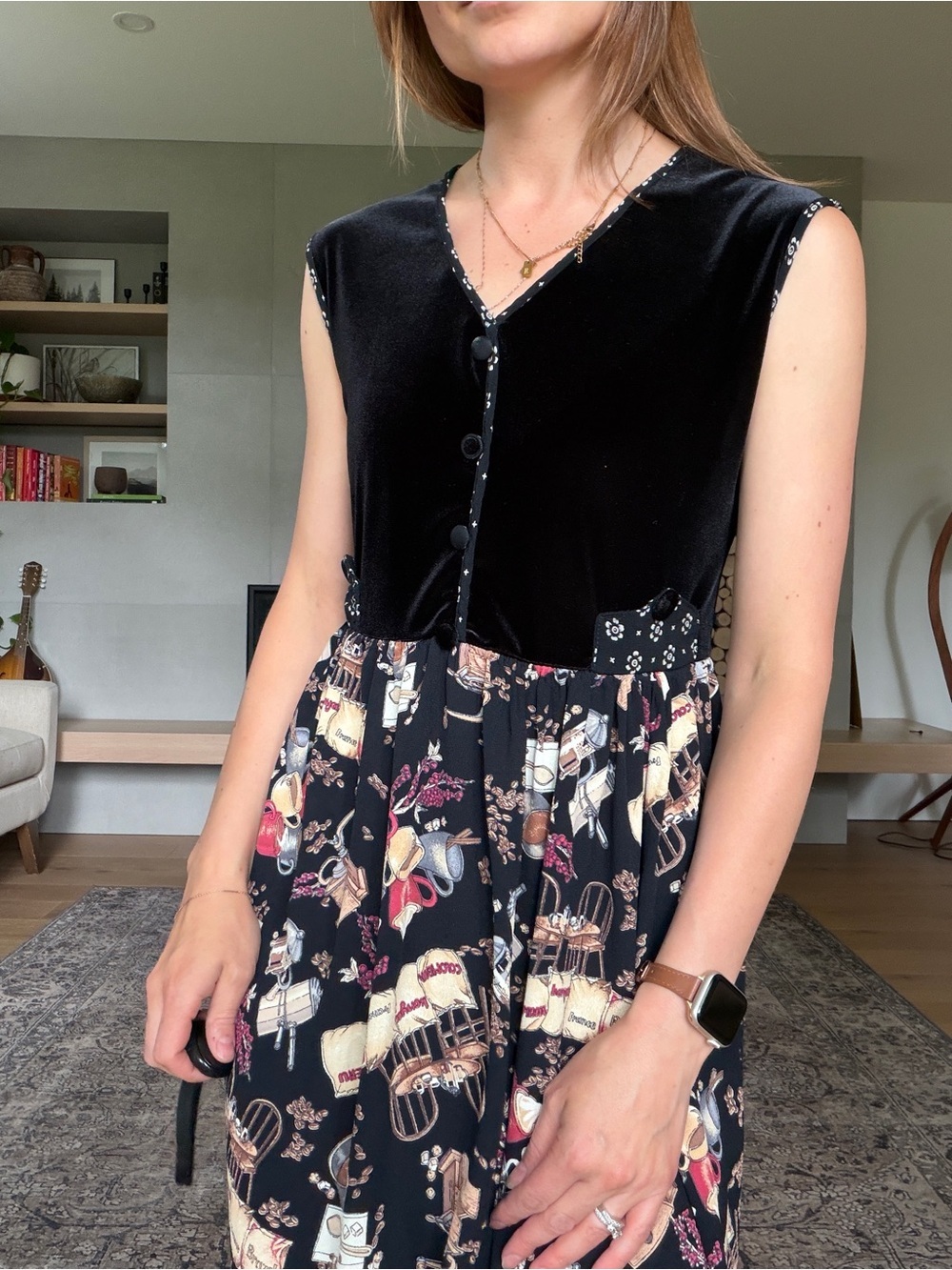 Vintage velvet midi with eclectic kitchen print small